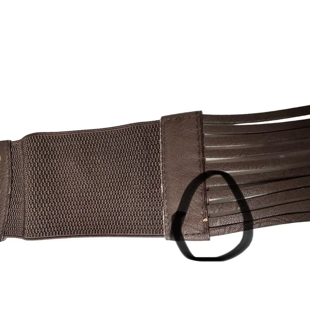 Vintage ANGIE Wide Brown Beaded Faux Leather Elastic Stretch Snap Closure‎ Belt